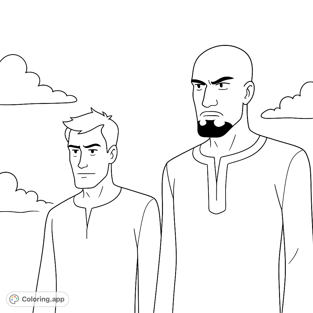 Color two distinct animated characters with expressive faces and simple attire against a serene sky. Perfect for fans of character-focused art.