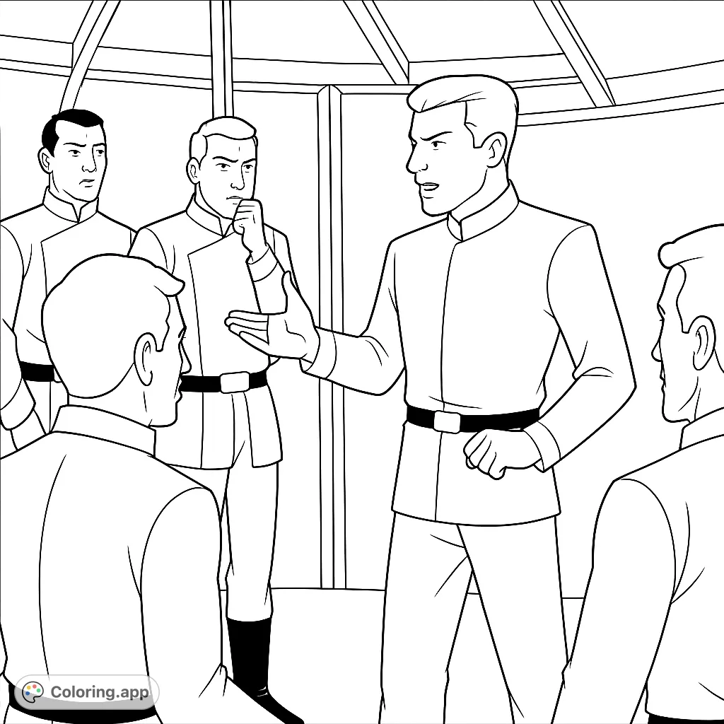 Color a dynamic scene of uniformed figures in a council meeting. Explore character expressions and a structured indoor setting in this engaging coloring page.