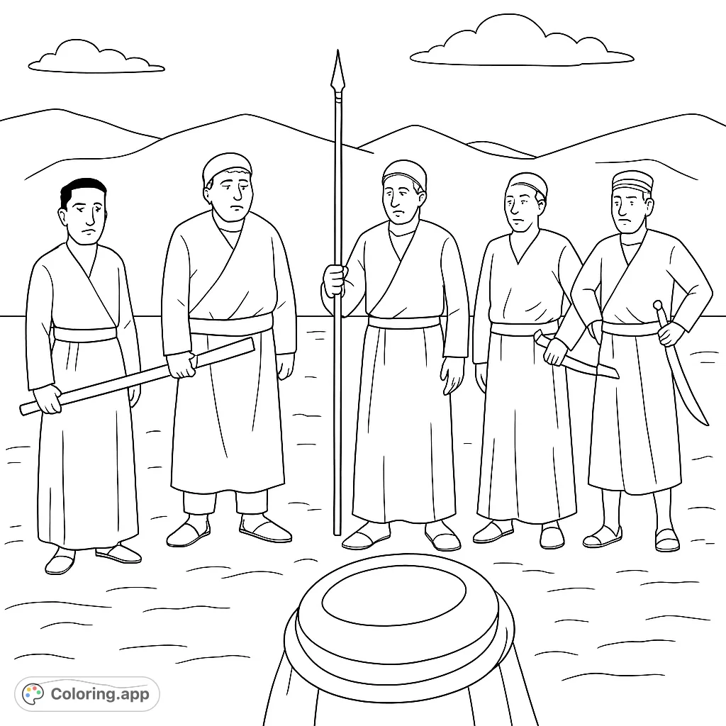 Explore an ancient desert scene featuring five robed figures, some with weapons, standing over a fallen companion amidst vast sand dunes. A historical adventure awaits your colors.