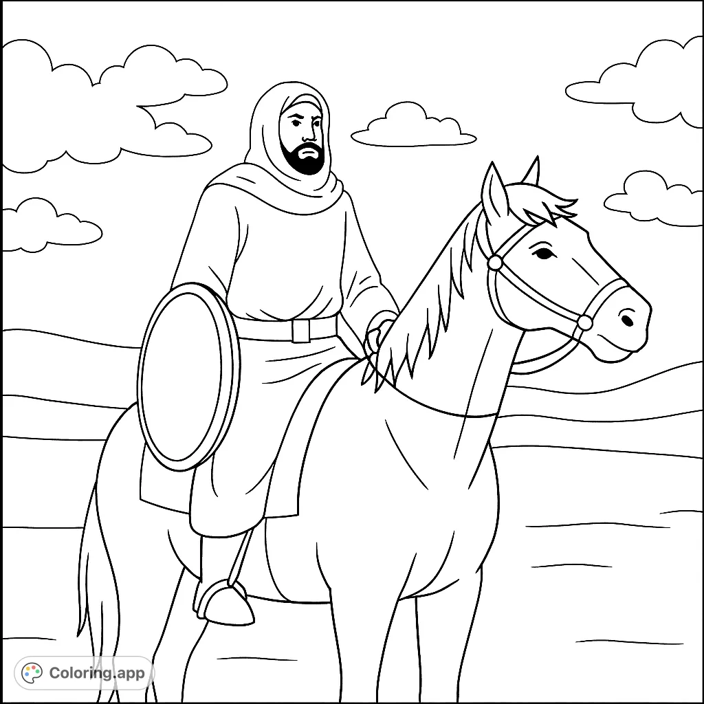 A majestic desert horseman with a shield, riding across vast dunes under a bright sky. Perfect for historical and adventure enthusiasts.