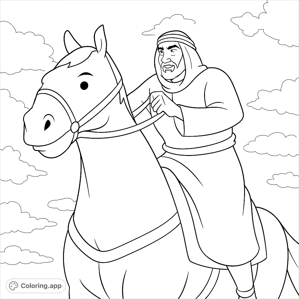 An animated man on horseback, ready for adventure. This free printable desert rider coloring page is perfect for history and animal lovers.