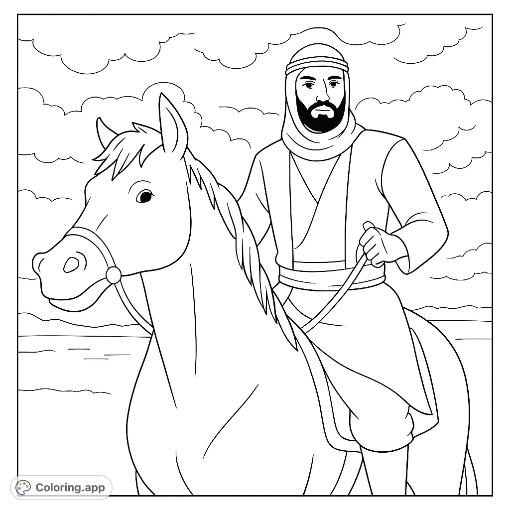 An adventurous man on horseback journeys across a desert landscape. Perfect for a historical or travel-themed coloring page.