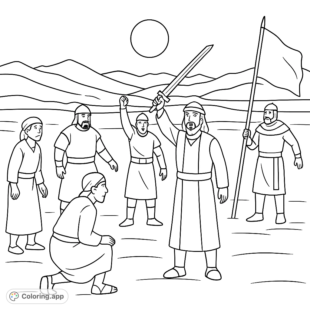 An epic desert scene featuring seven figures in historical attire, one raising a sword, against a backdrop of dunes and a vast sky. Perfect for history enthusiasts.