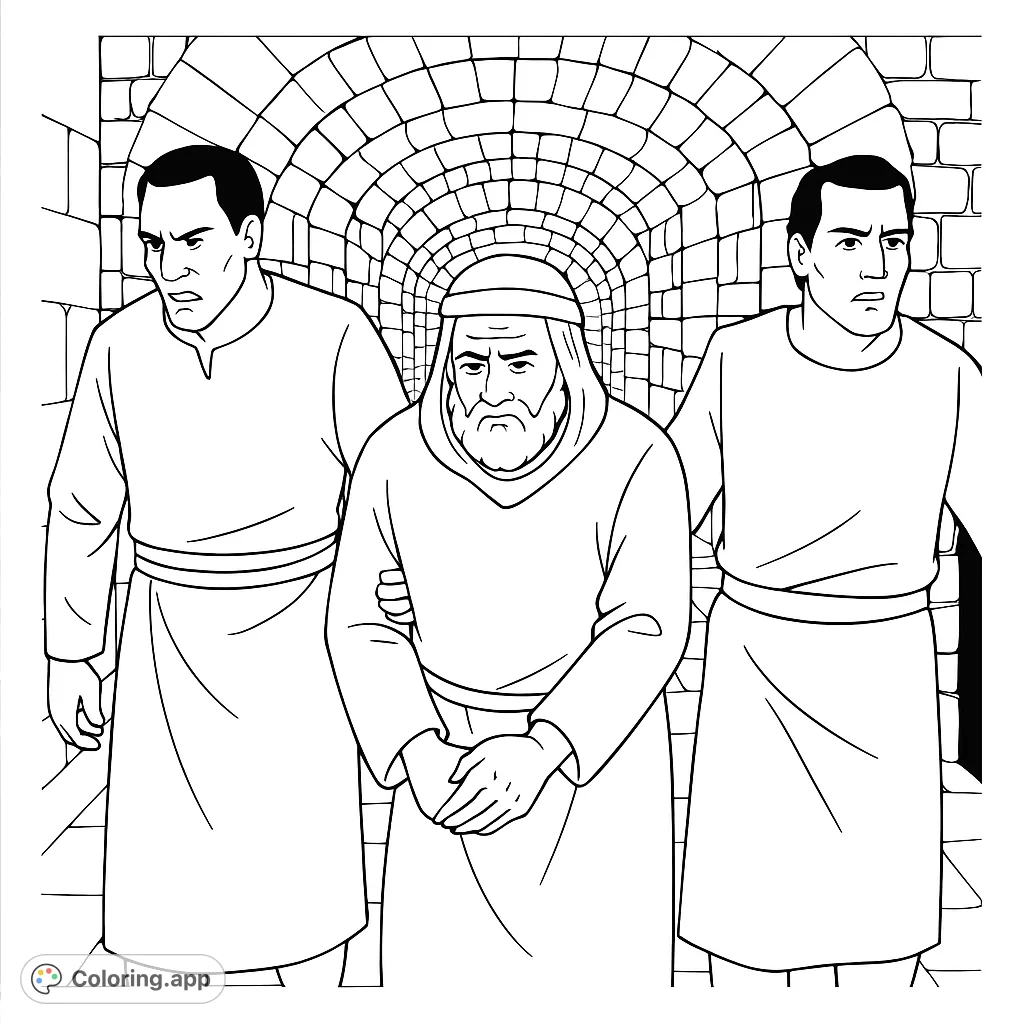 A dramatic scene of three figures in a stone dungeon, perfect for exploring historical or fantasy themes. A captivating free printable coloring page.