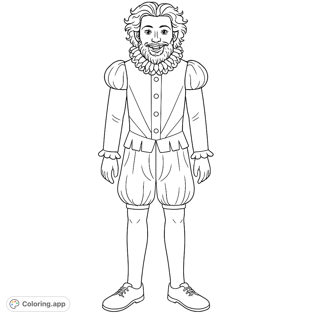 Step back in time with this historical gentleman coloring page. Features a man in detailed Elizabethan attire, perfect for history enthusiasts and creative minds.
