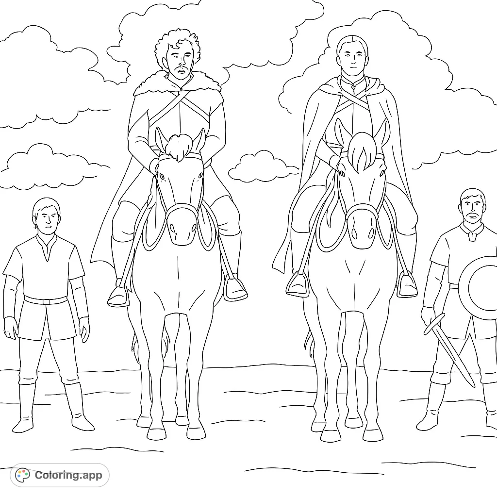 Embark on an epic journey with this fantasy adventure coloring page featuring six heroic figures, two on horseback, traversing a vast landscape.