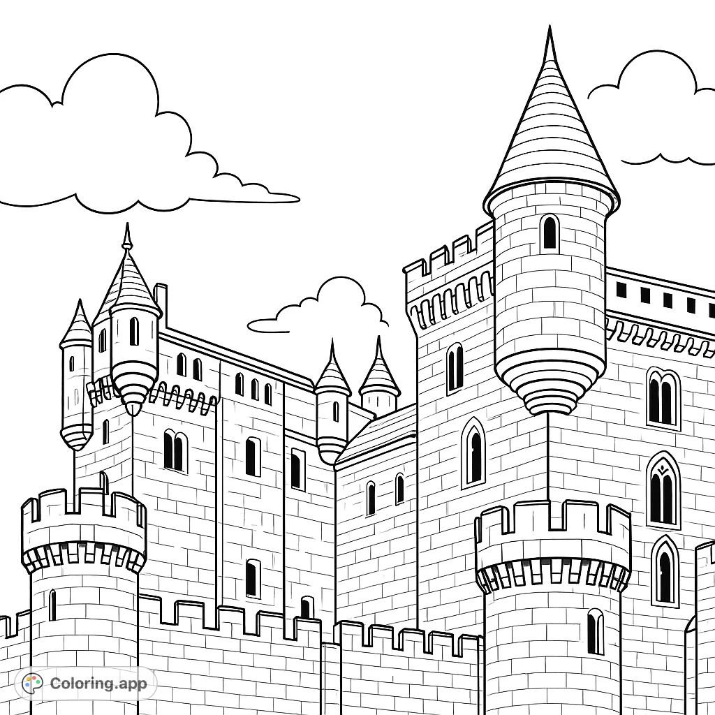 Explore a majestic medieval castle coloring page, featuring grand towers, intricate battlements, and detailed stone architecture under a vast sky.