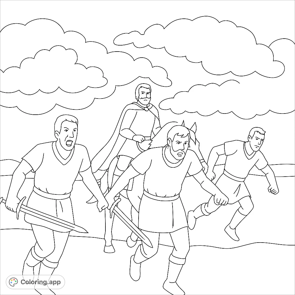 Embark on a medieval adventure! Color brave warriors, a noble steed, and a dramatic sky in this exciting free printable coloring page.