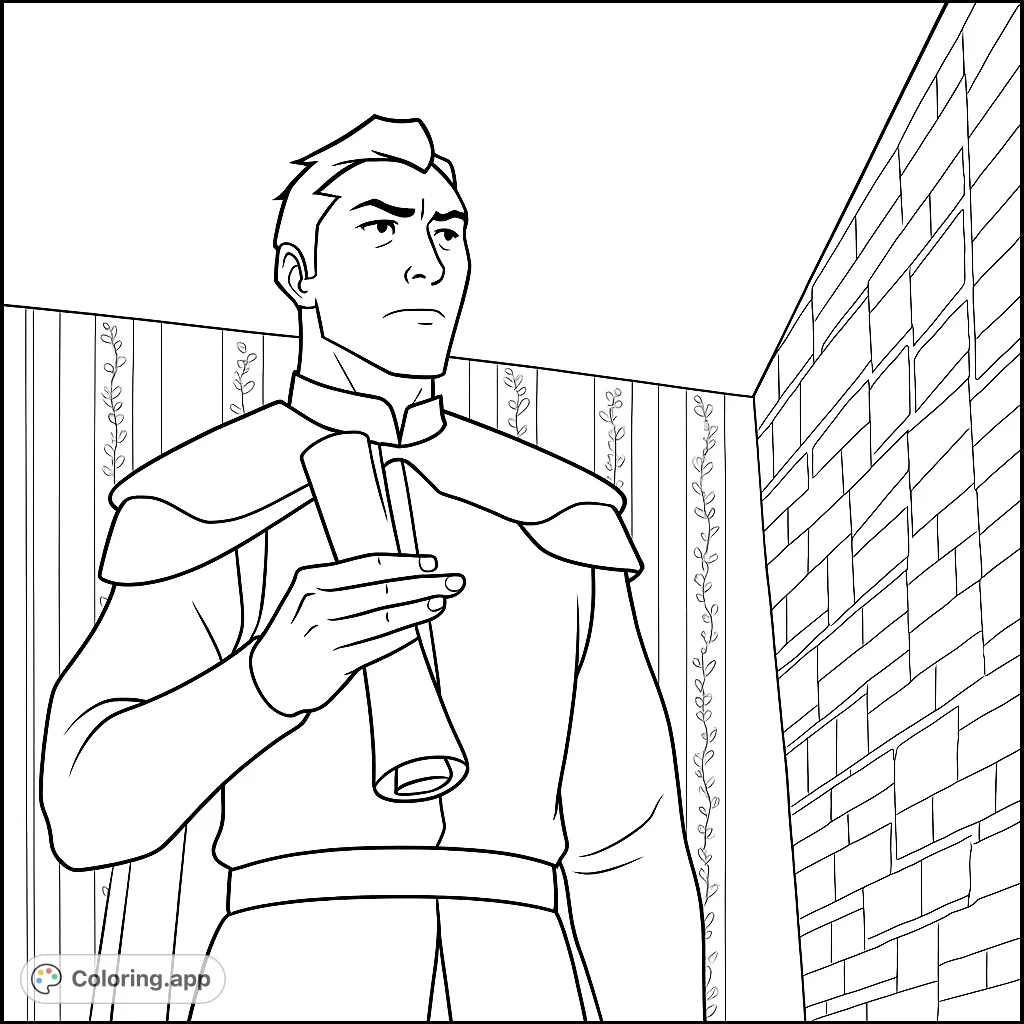 A thoughtful character holds a scroll in an interior setting with patterned walls. Perfect for character study and creative expression.