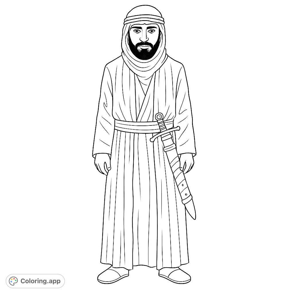 A detailed coloring page featuring a man in traditional attire with a sword, perfect for exploring historical themes and cultural dress.