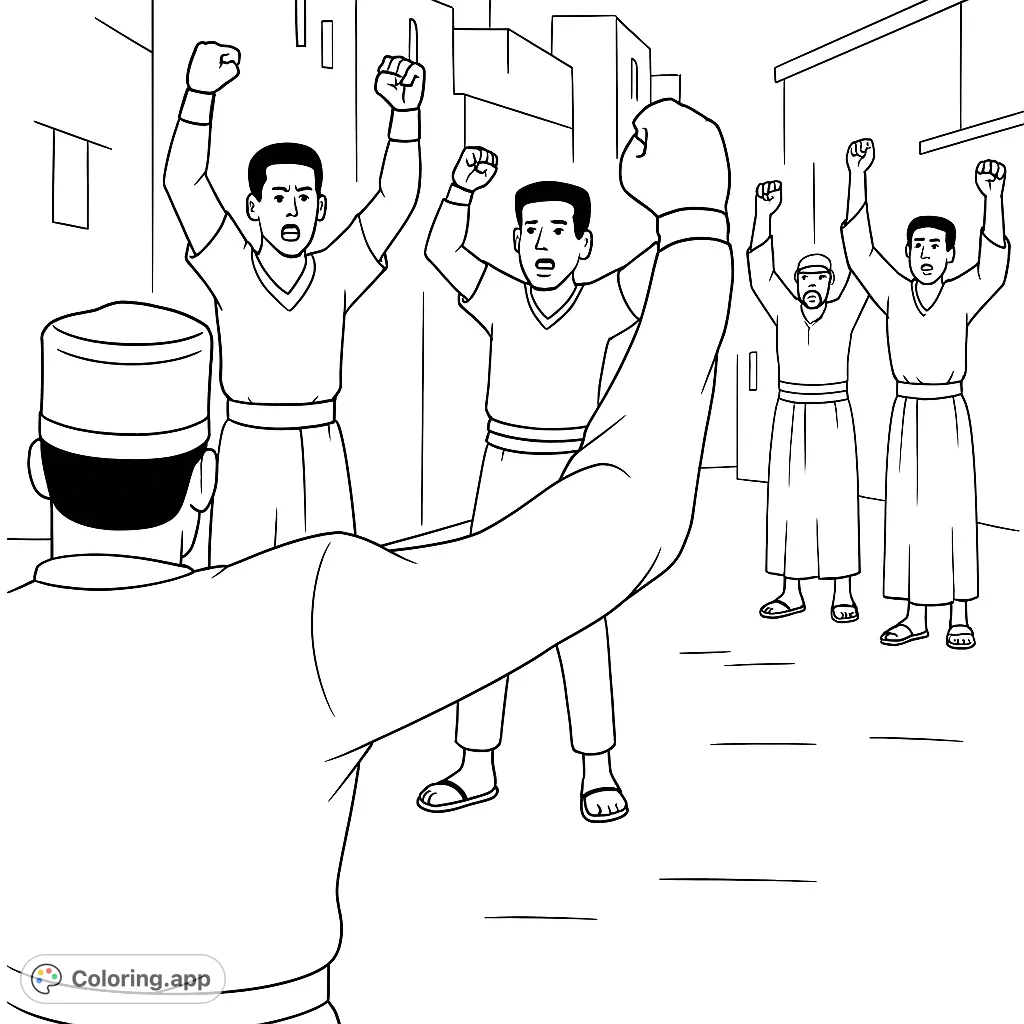 A dynamic scene of figures with raised arms in a town square, capturing a moment of triumph or celebration. Perfect for detailed coloring.
