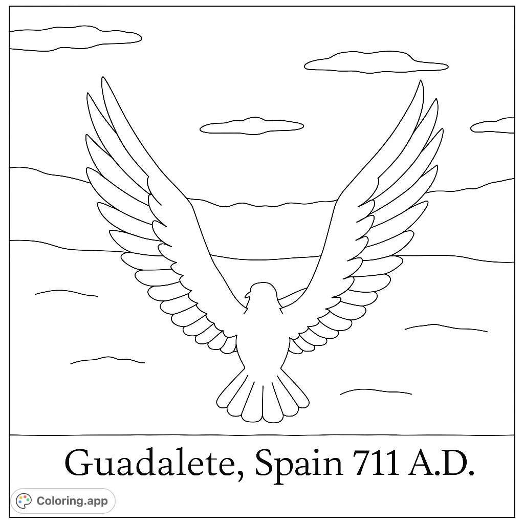 Soar above a historical landscape with a majestic winged creature. A free printable coloring page for all ages, perfect for creative expression.