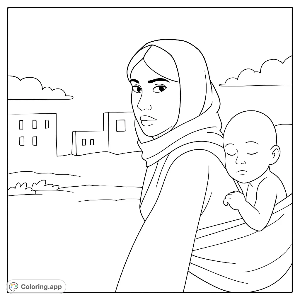A poignant scene of a woman carrying a sleeping baby on her back, set against a backdrop of simple structures in an arid landscape. A thoughtful coloring page.