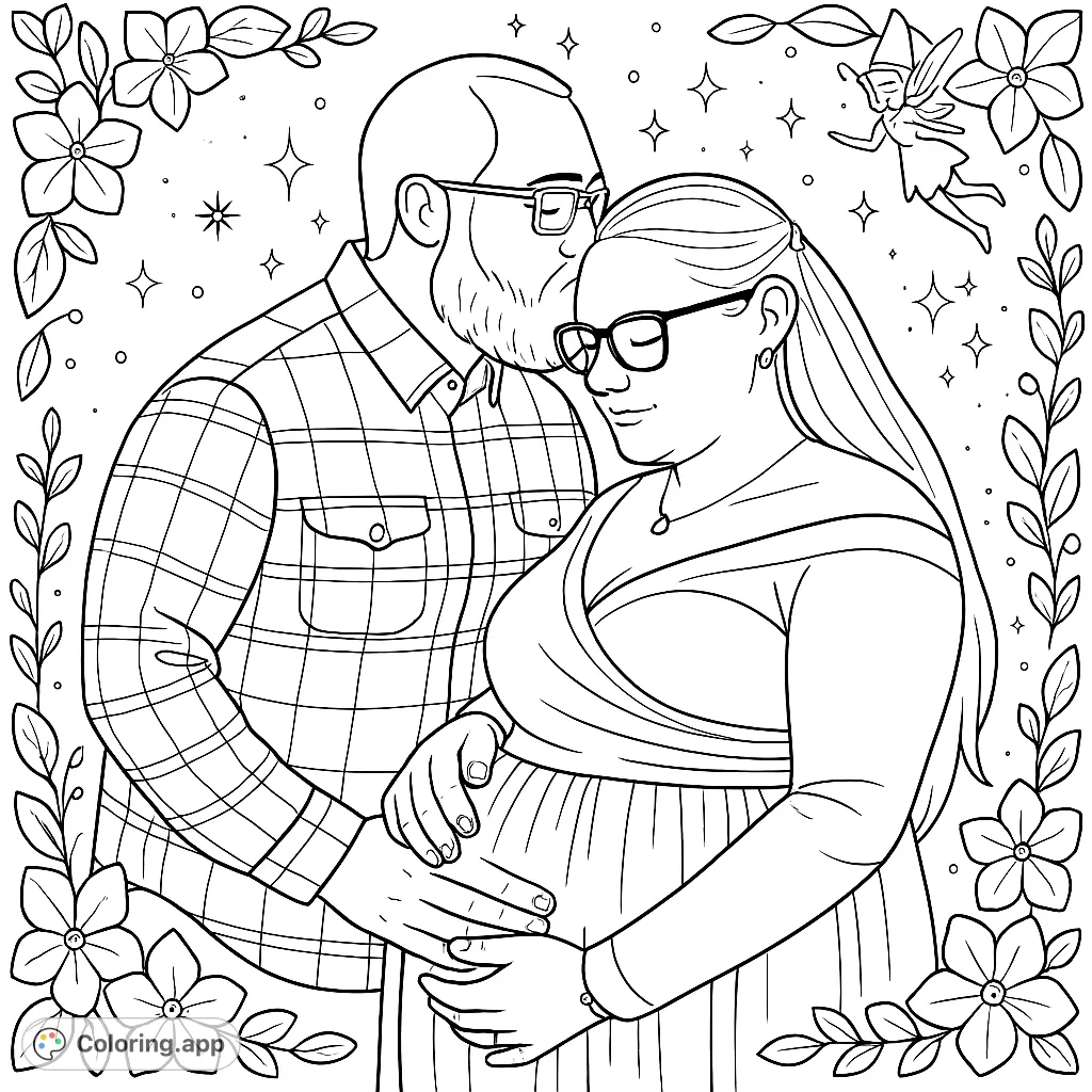 A heartwarming expecting couple coloring page, featuring a tender embrace surrounded by mystical violets and magical creatures. A free printable coloring page for all ages.