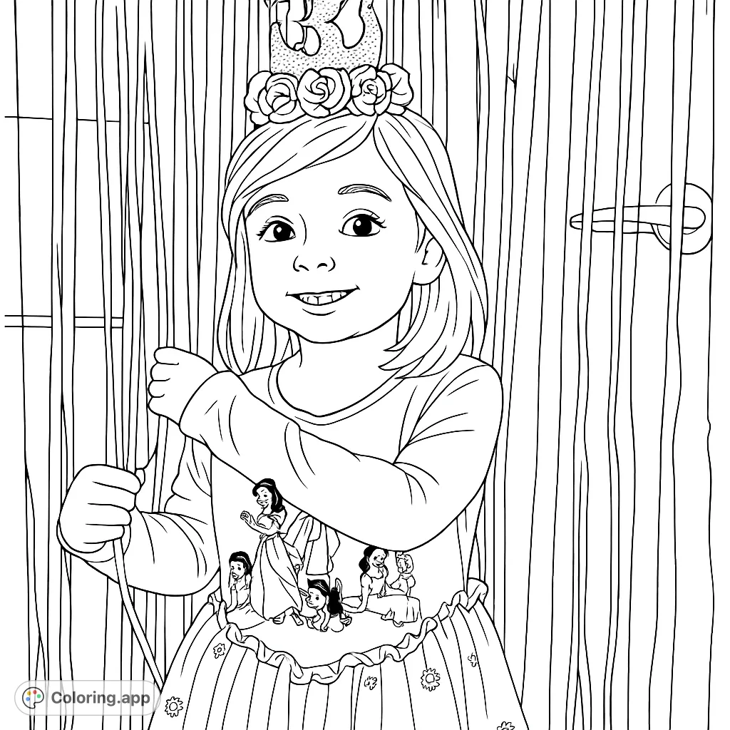A delightful birthday princess coloring page featuring a child in a festive crown and a detailed dress, perfect for celebrating special moments.