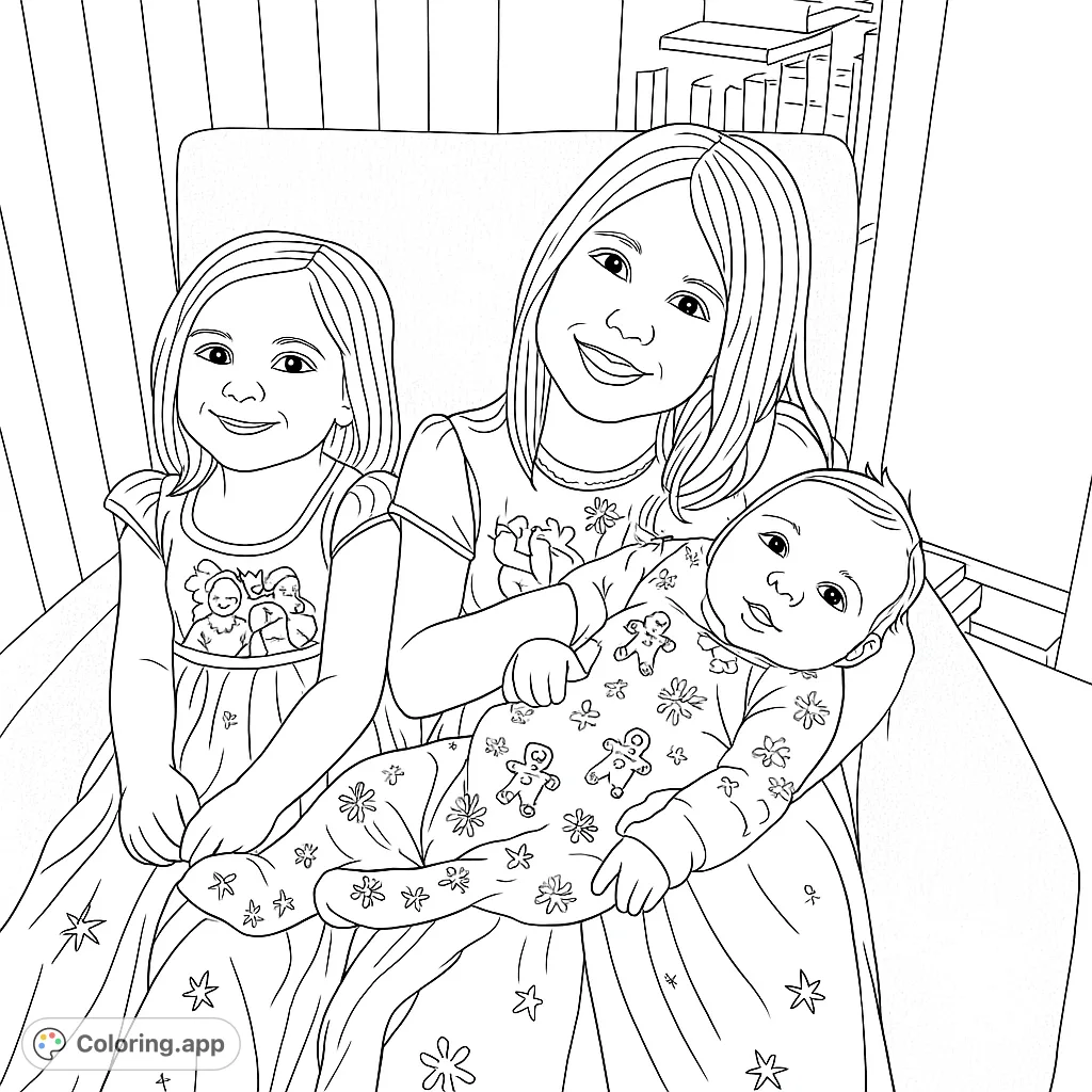 A heartwarming scene of three siblings, including an infant, sharing a cozy moment. Perfect for family-themed coloring fun.