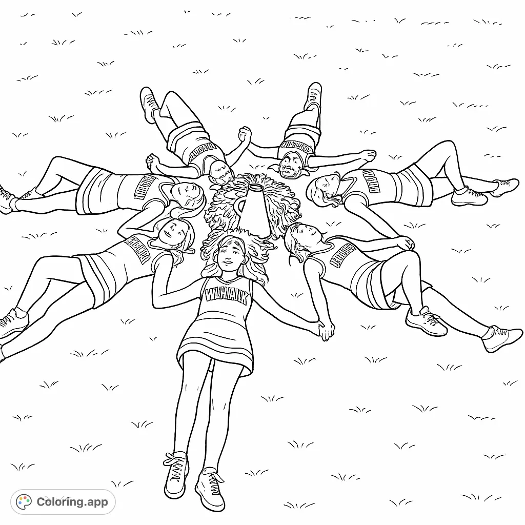 A dynamic cheerleader star formation on a grassy field, perfect for celebrating team spirit and friendship. A fun, free printable cheerleading coloring page.