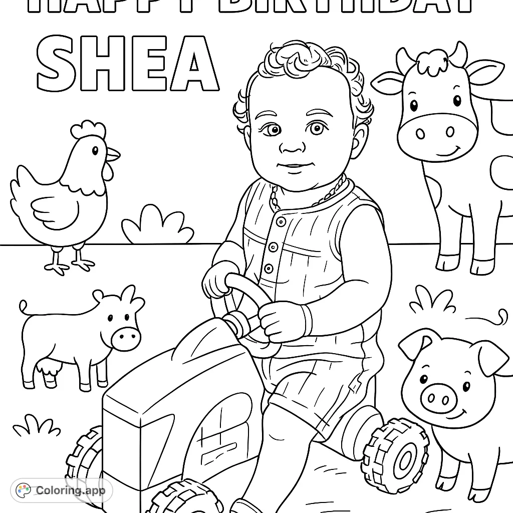 A delightful farm-themed coloring page featuring a happy baby on a toy tractor, surrounded by playful farm animals and a special birthday message.