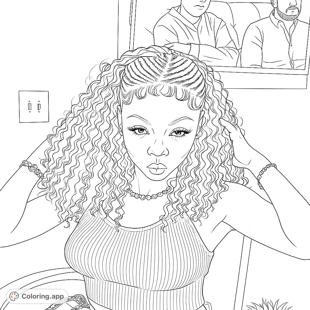 Color a stylish woman with intricate cornrows and flowing curls, adorned with a heart necklace and chic accessories. A modern fashion-themed coloring page.
