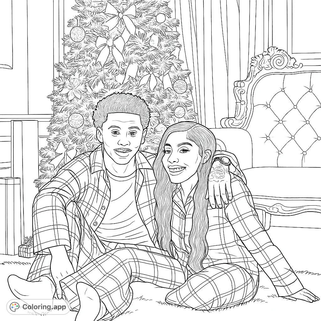 A heartwarming holiday scene featuring a couple in plaid pajamas by a decorated tree and gifts. Perfect for festive coloring fun.