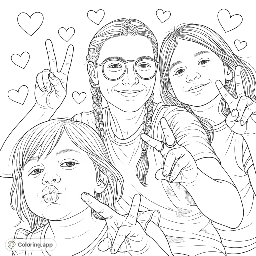 A delightful family selfie coloring page featuring three cheerful individuals, perfect for all ages. Express creativity with realistic proportions and fun details.