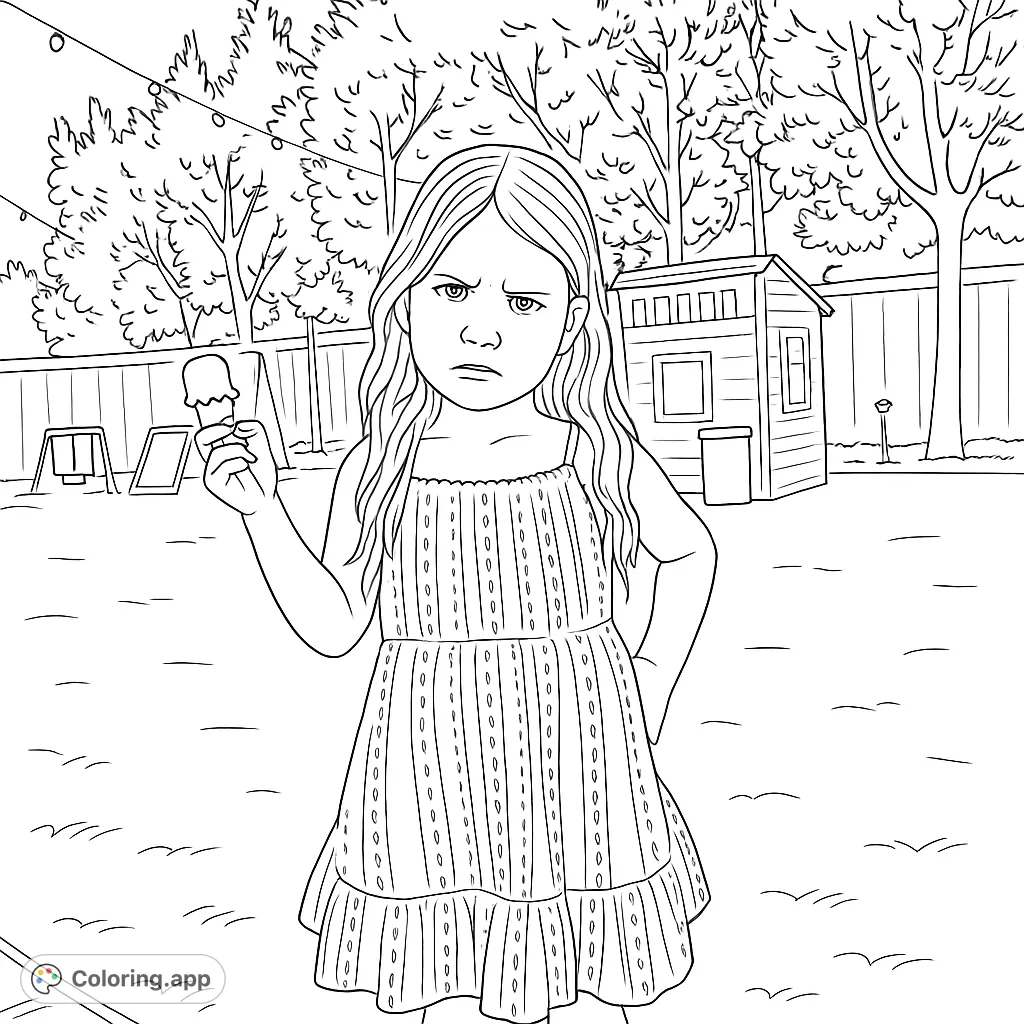 A charming coloring page featuring a young girl in a patterned dress, holding a treat, set against a backyard scene with a playhouse and trees.