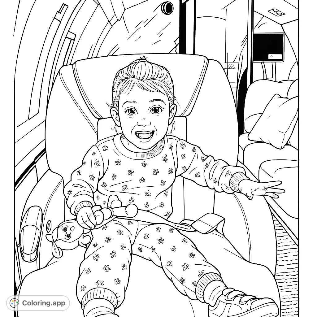 A delightful coloring page featuring a happy young girl and her doll, ready for adventure in a luxurious aircraft cabin. Perfect for travel enthusiasts!