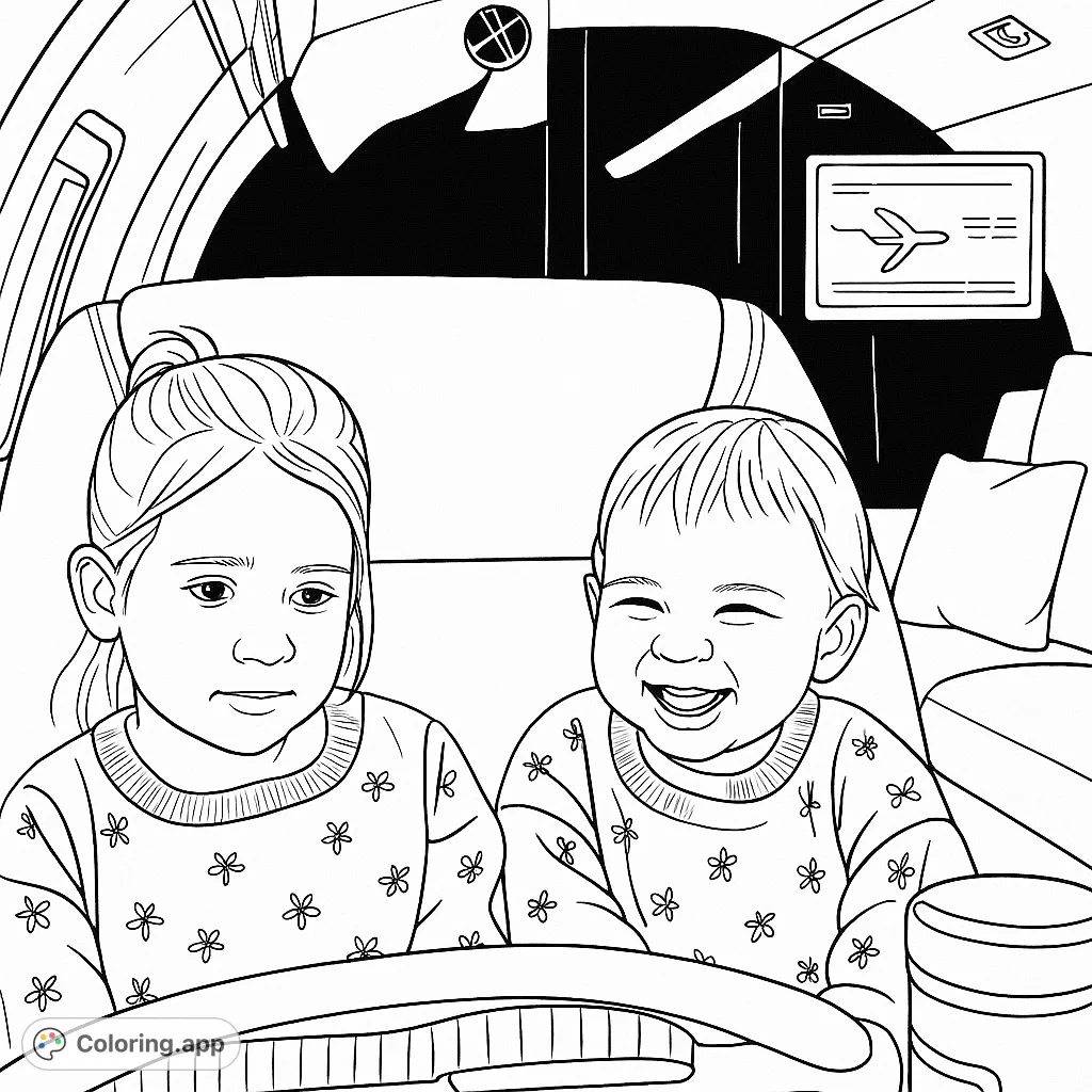 Two happy children on an airplane adventure, one laughing joyfully. A delightful scene for young colorists to bring to life with imagination.