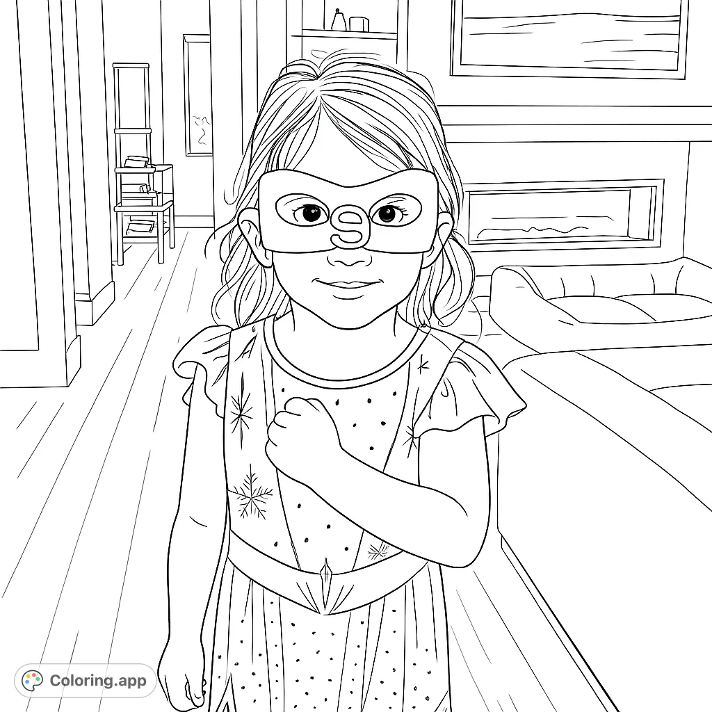 A playful superhero girl in a patterned dress and mask, ready for adventure. Perfect for sparking imagination and creative coloring fun!