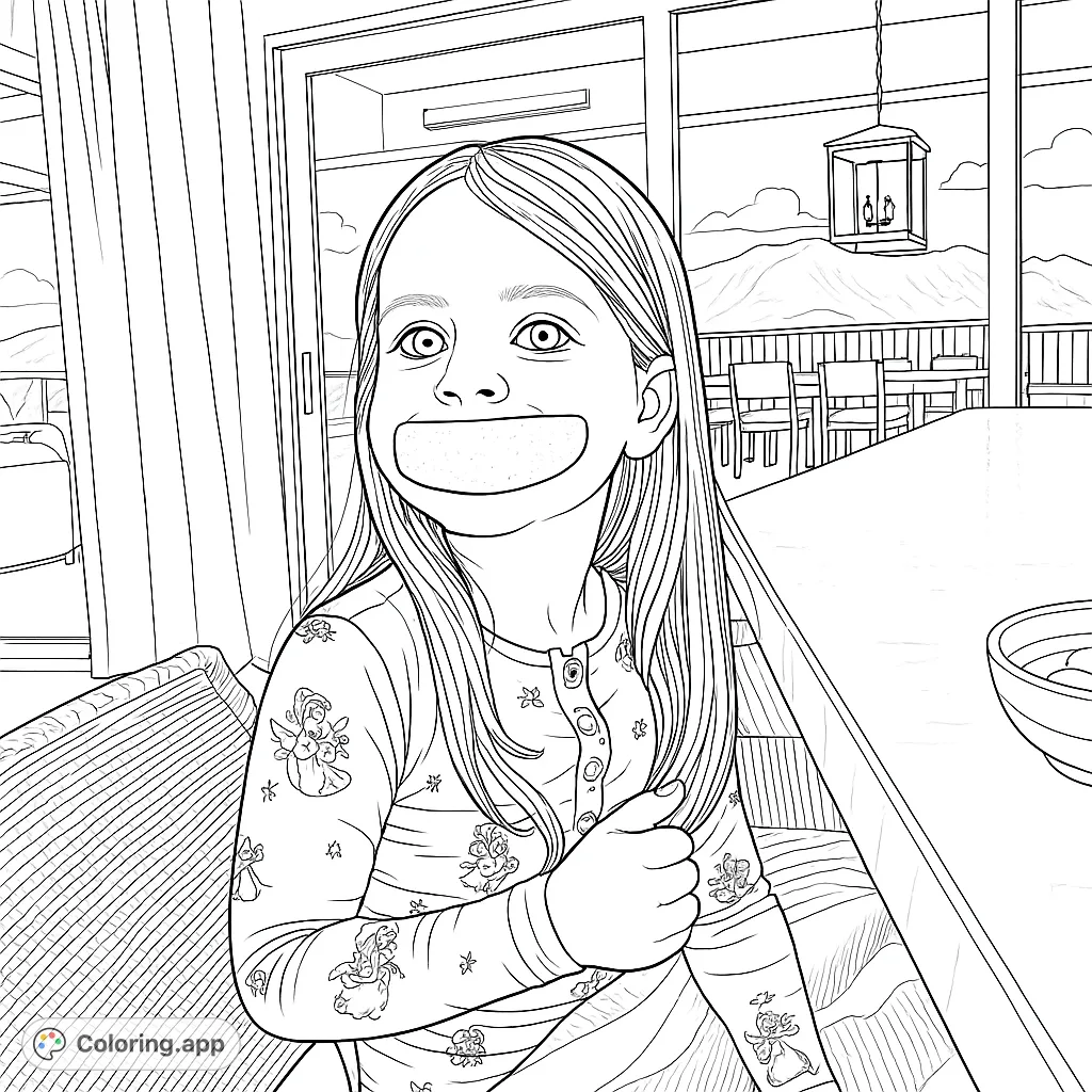 A cheerful girl with a fruit slice smile and a thumbs-up, wearing patterned pajamas, in a bright room with a scenic outdoor view.