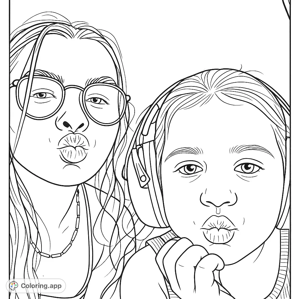 A fun selfie featuring an adult and a child making playful pouty faces, perfect for a lighthearted coloring experience.