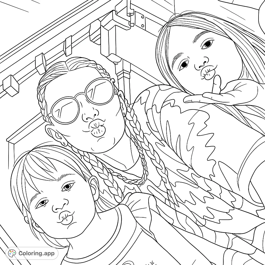 A playful coloring page featuring three individuals, an adult and two children, making fun puckered faces. Perfect for family bonding and creative expression.