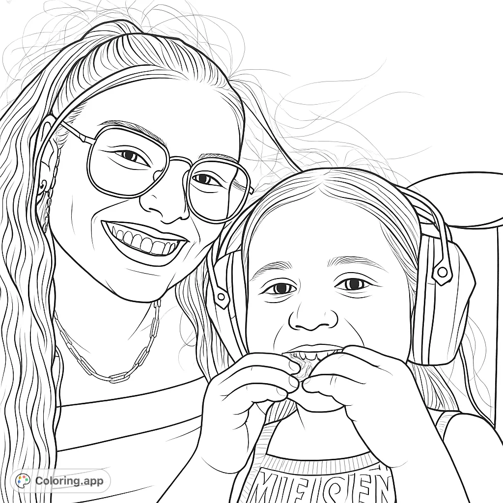 Capture the joy of a smiling adult and child, the child wearing headphones, in this heartwarming coloring page. Perfect for family fun and creative expression.
