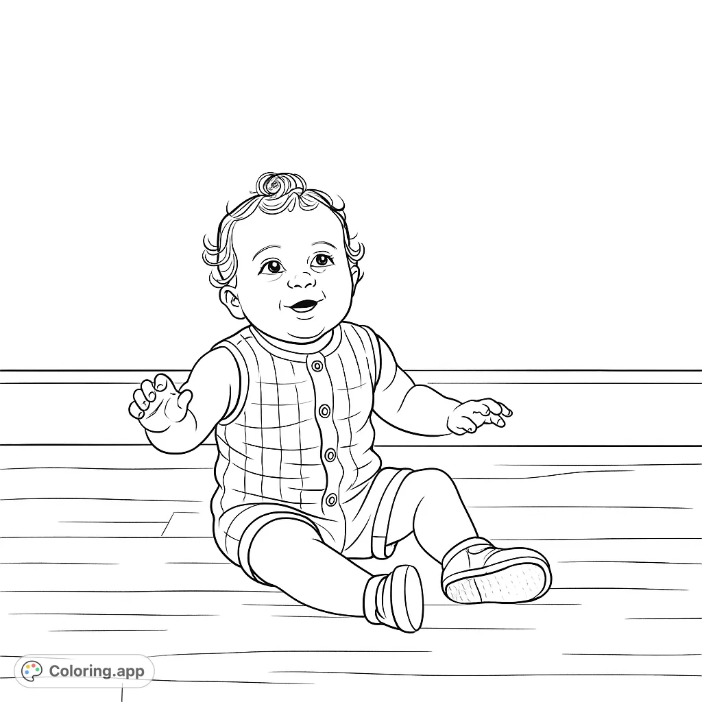 A delightful baby sits smiling, perfect for a sweet baby coloring page. Features a cheerful expression and simple background.