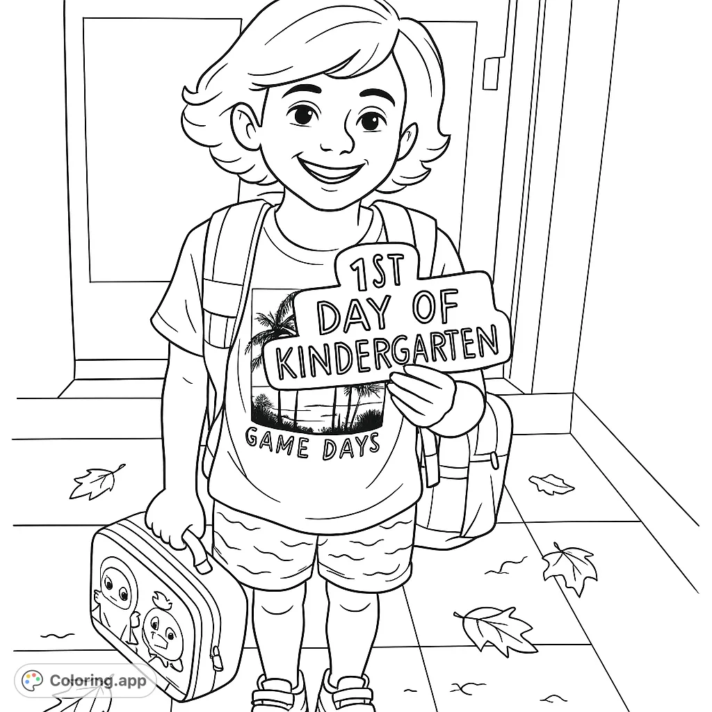 Capture the excitement of a child's first day of kindergarten! This free printable coloring page features a smiling student with backpack and sign.