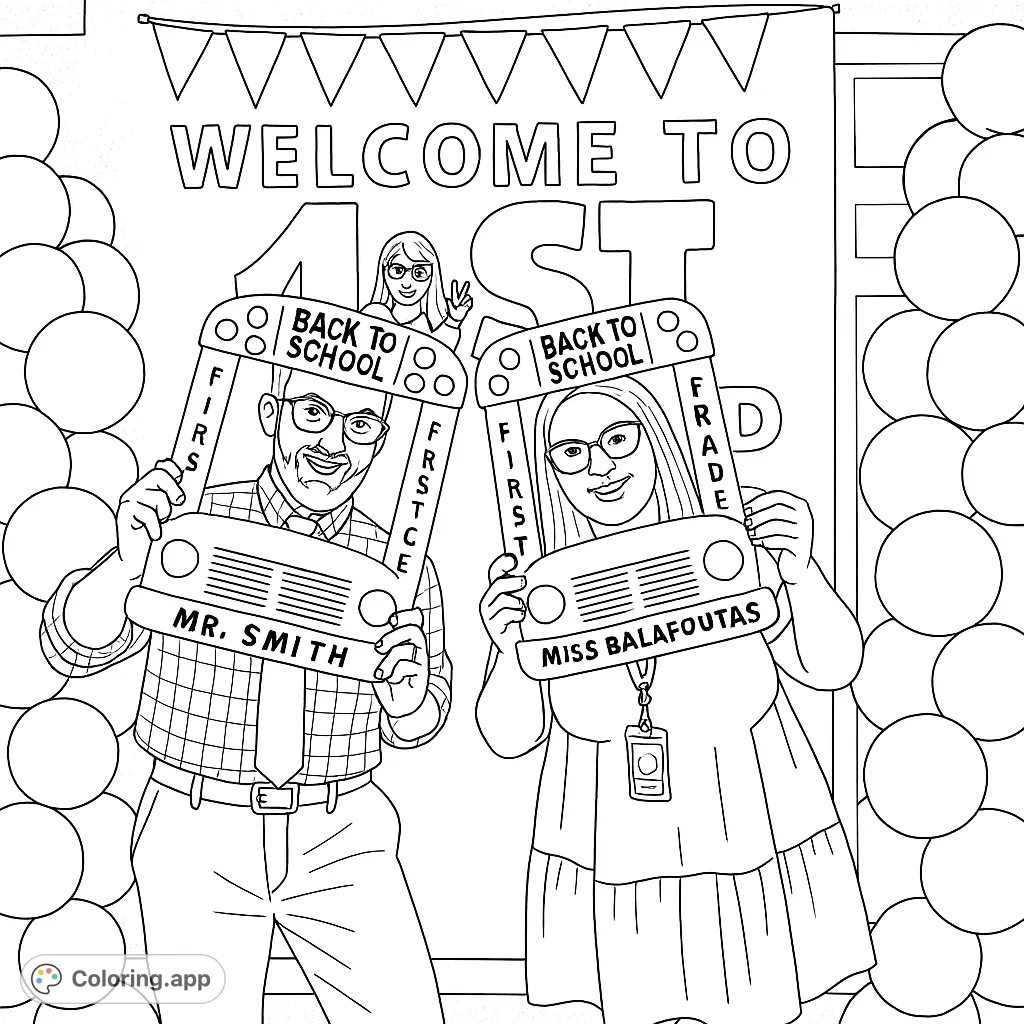 Celebrate the start of school with this fun coloring page featuring two teachers holding school bus frames, ready to welcome first graders!