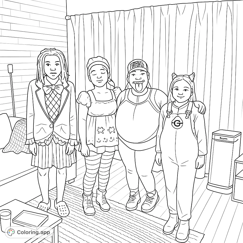 Four friends in whimsical costumes, including a Mad Hatter, Little Red Riding Hood, and Minion, ready for a fun coloring adventure.