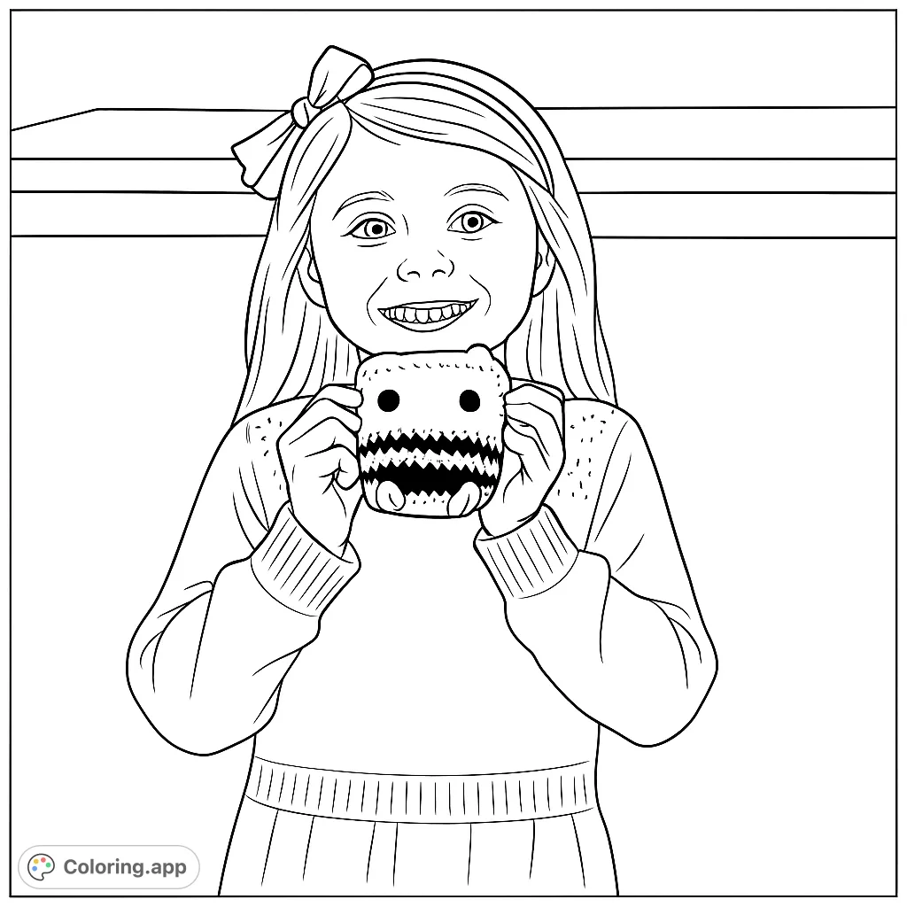 A delightful coloring page featuring a smiling girl holding a charming striped bee toy, perfect for young artists to bring to life.
