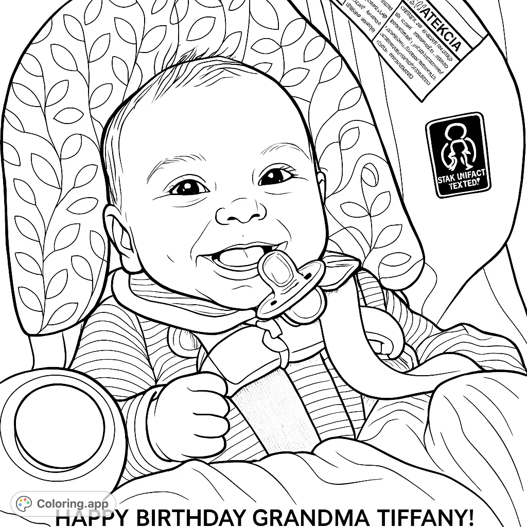 A delightful baby smiles from a car seat, featuring a pacifier, striped clothing, and patterned head support. A charming baby coloring page.