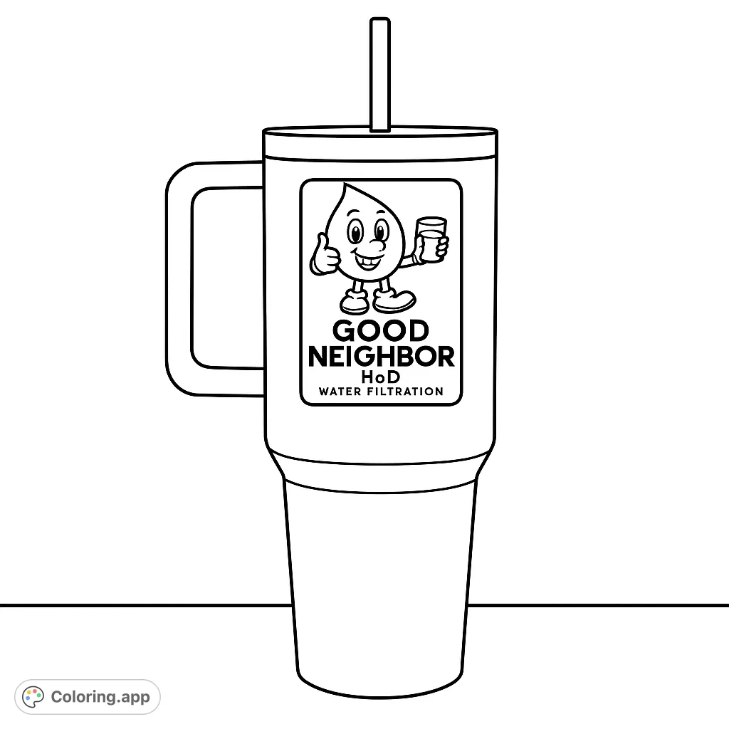 Color a friendly water droplet character on a modern tumbler, promoting hydration. A fun, free printable coloring page for all ages.
