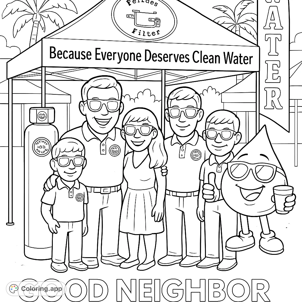 A friendly family and a cheerful water droplet mascot stand under a tent, promoting clean water. A fun community scene for all ages.