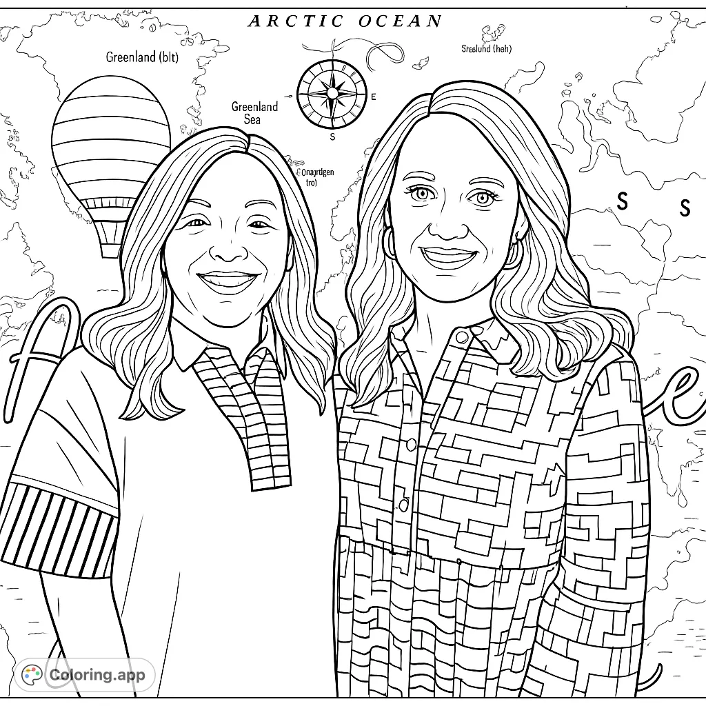 Two smiling women stand before a detailed world map, featuring hot air balloons and a compass, inviting a journey of color and imagination.