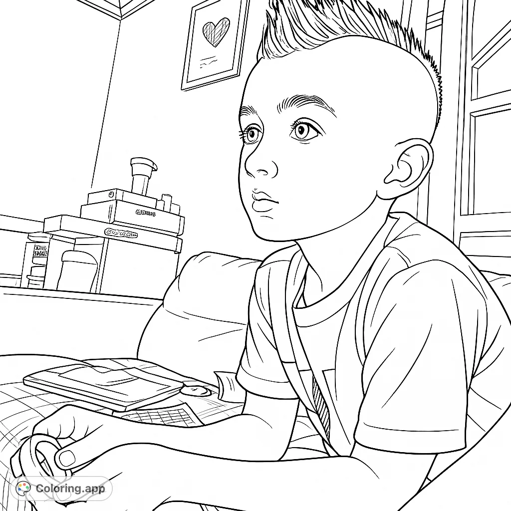 A young boy with a distinctive mohawk haircut sits intently, holding a circular object, in a cozy indoor setting. Perfect for kids.
