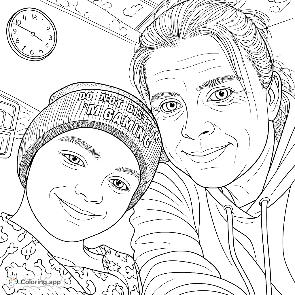 Capture a heartwarming moment between a young gamer in a fun beanie and a comforting adult. A perfect gaming coloring page for connection and creativity.