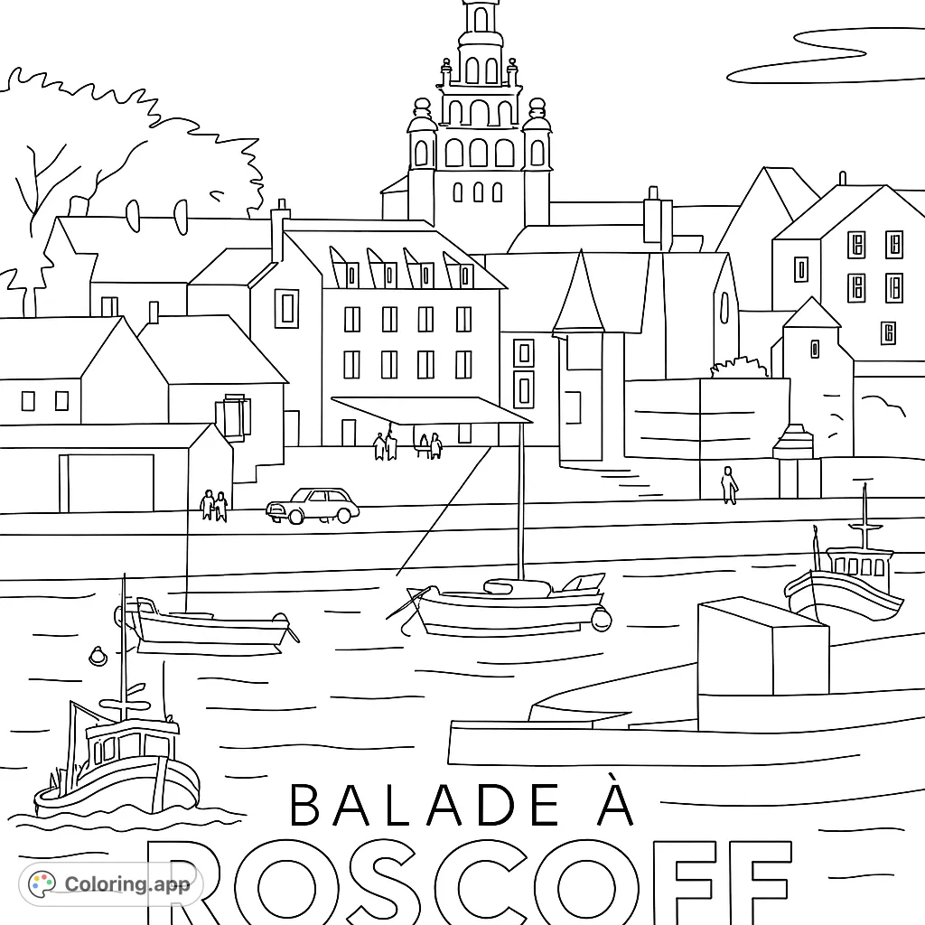 Explore a charming coastal town with a grand church tower, bustling harbor, and quaint buildings. A delightful scene for all ages.