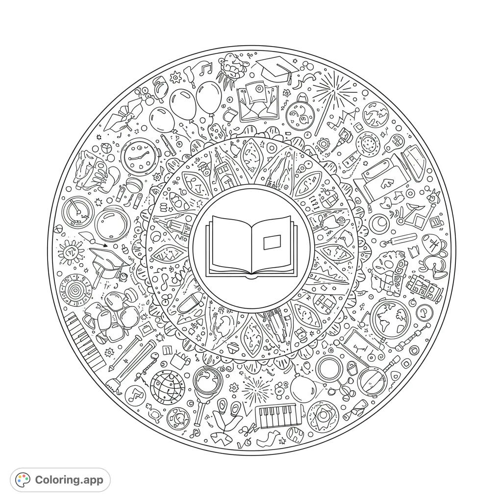 An intricate mandala blending education and celebration themes, featuring books, globes, graduation caps, balloons, and confetti for mindful coloring.