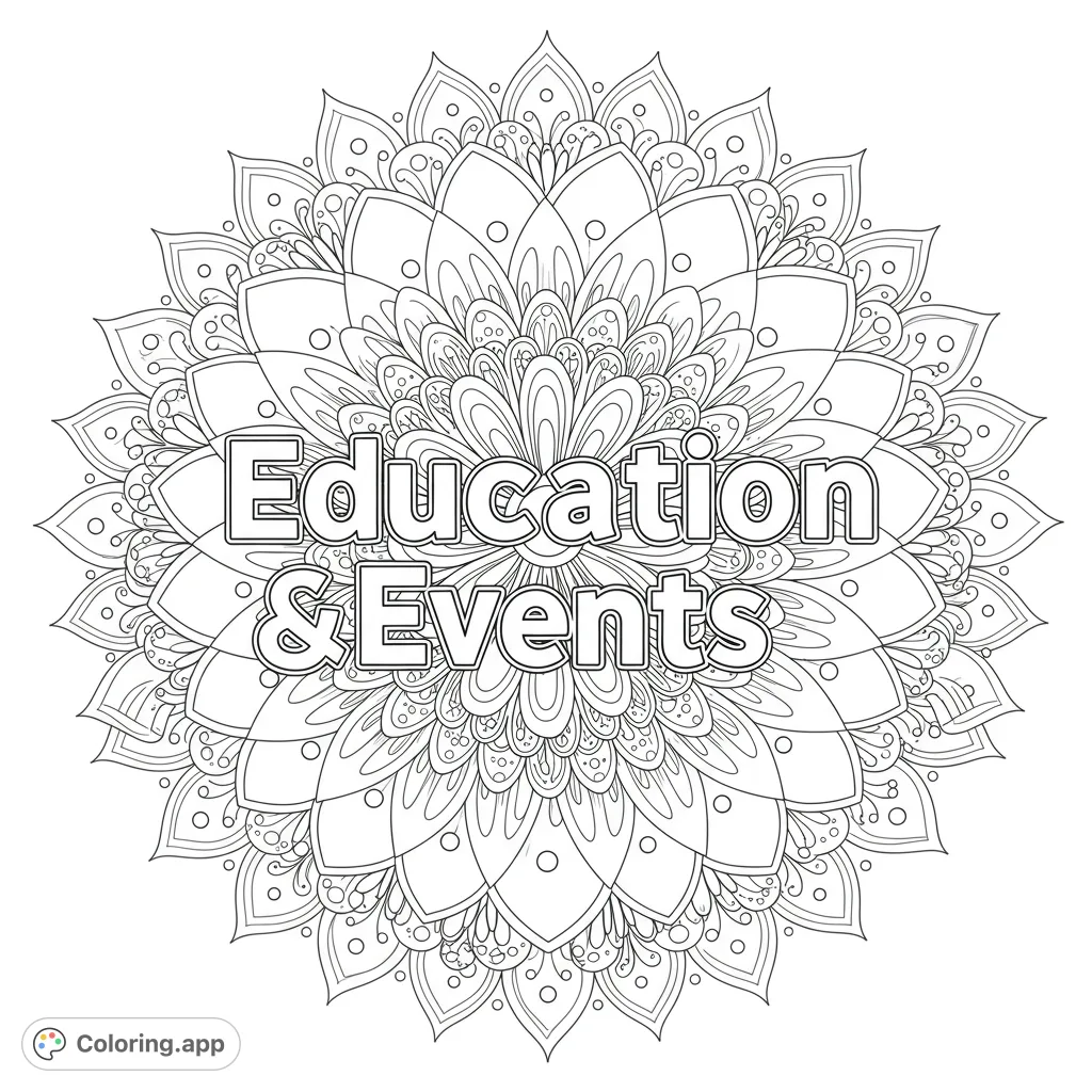 Discover a whimsical Education & Events mandala coloring page featuring decorative, hollow letters and radiating geometric patterns for a fun, creative experience.