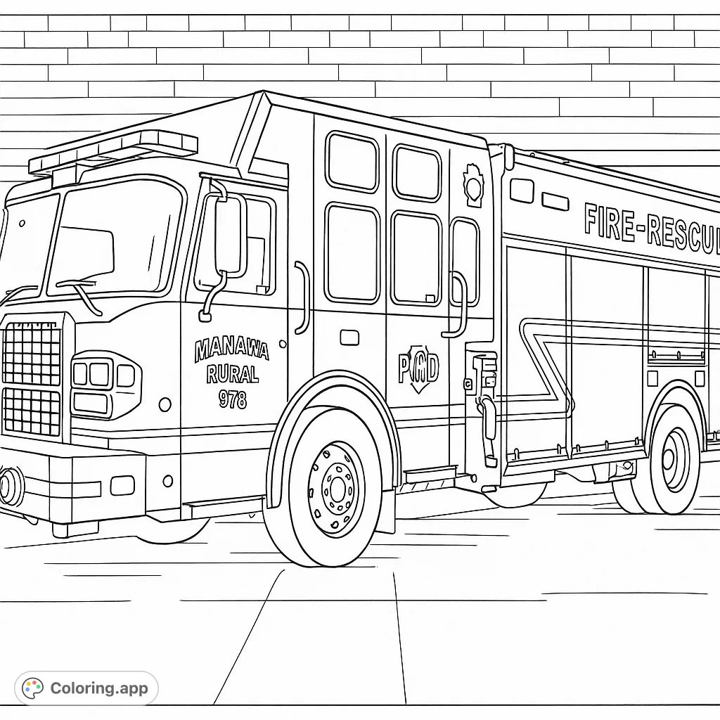 Detailed fire truck parked at a station, ready for action. Perfect for aspiring firefighters and vehicle enthusiasts.
