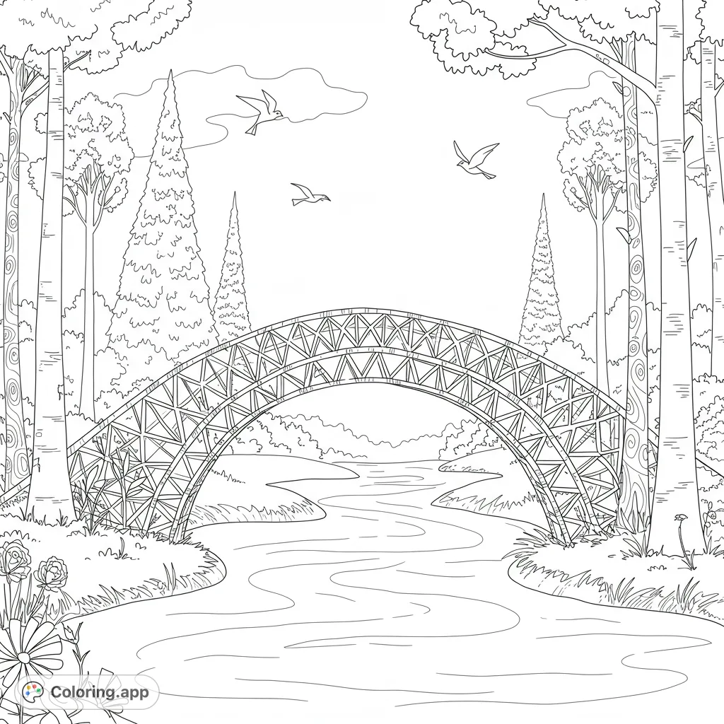 Explore a fantastical scene featuring an intricate, triangle-woven bridge over a meandering river, framed by angular trees and soaring geometric birds. A unique challenge!