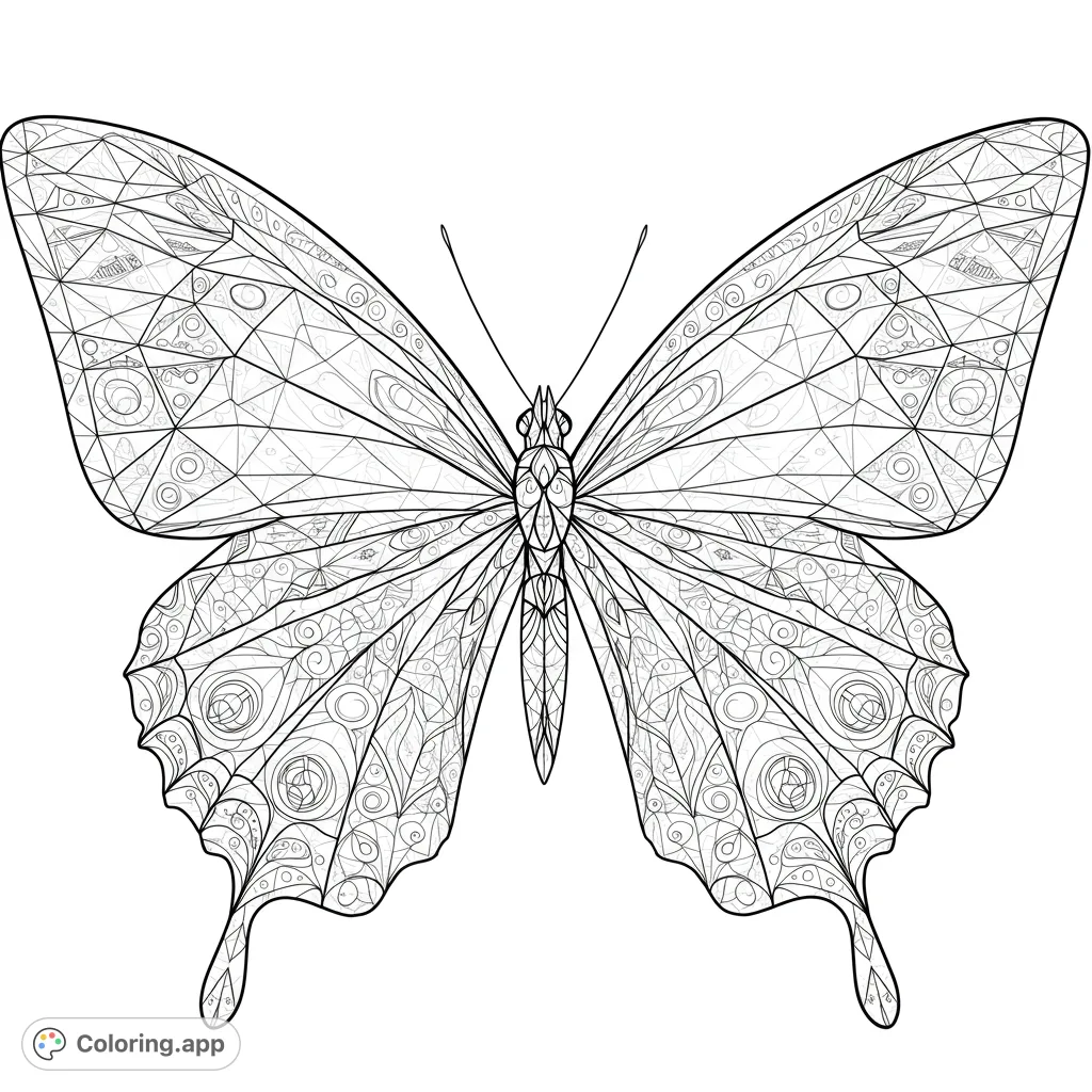 Discover a unique geometric butterfly coloring page. Its wings are a mosaic of triangles, offering intricate patterns for a creative and detailed coloring experience.